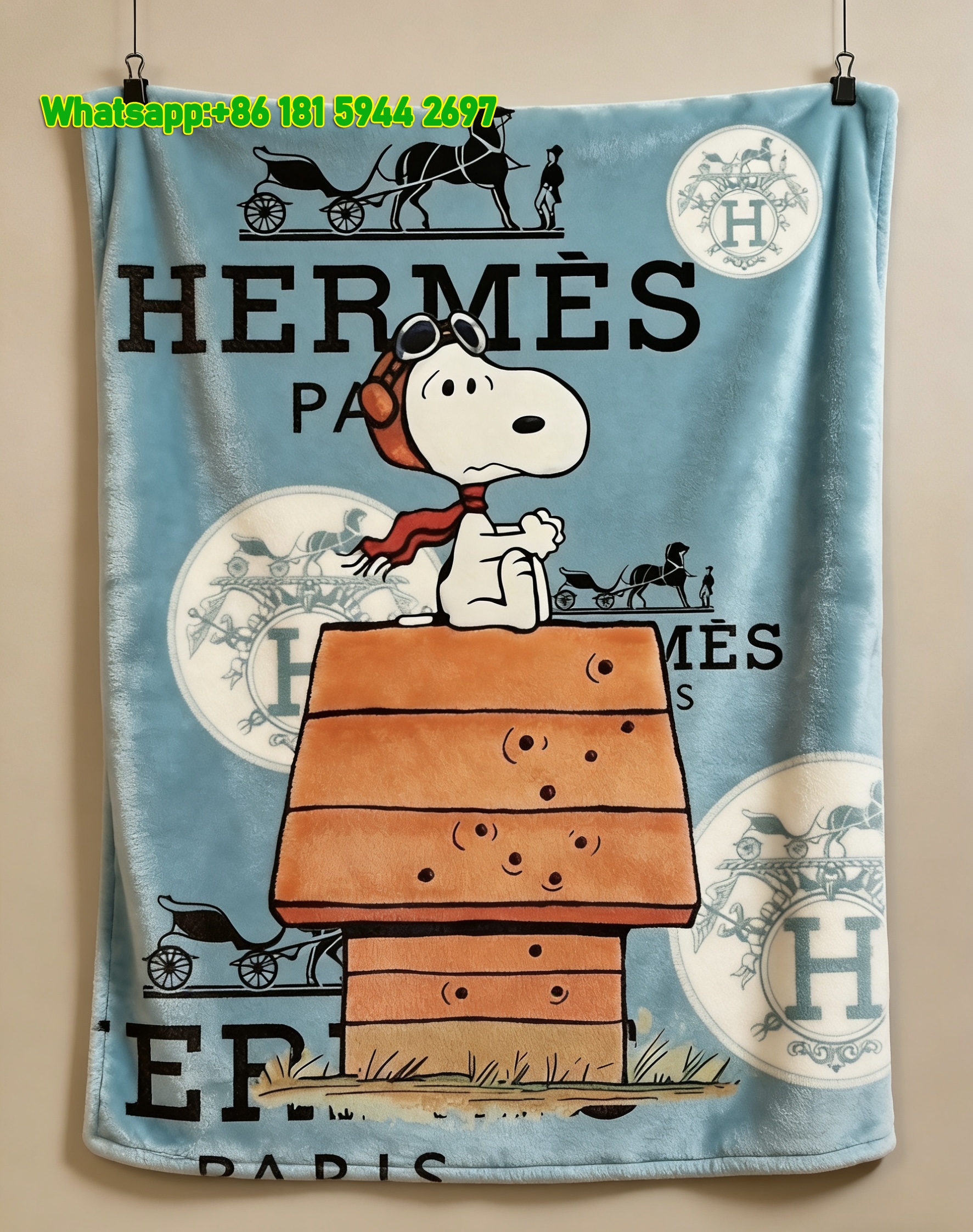 Hermes Snoopy Pilot & Luxury Parisian Brand Flannel Throw Blanket IMG_5484